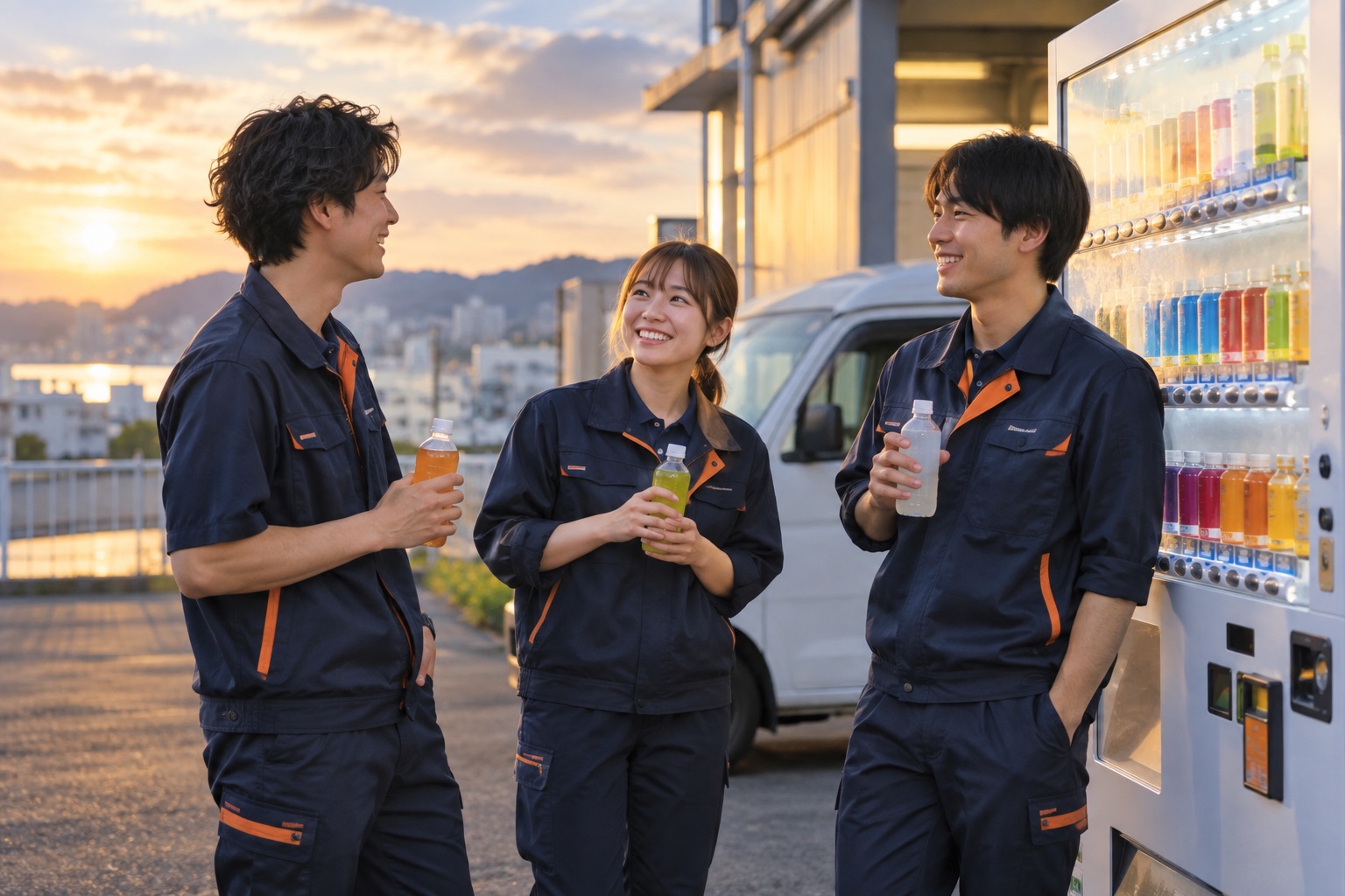 仕事終わりに飲み物を片手に会話する仲間たちのイメージ