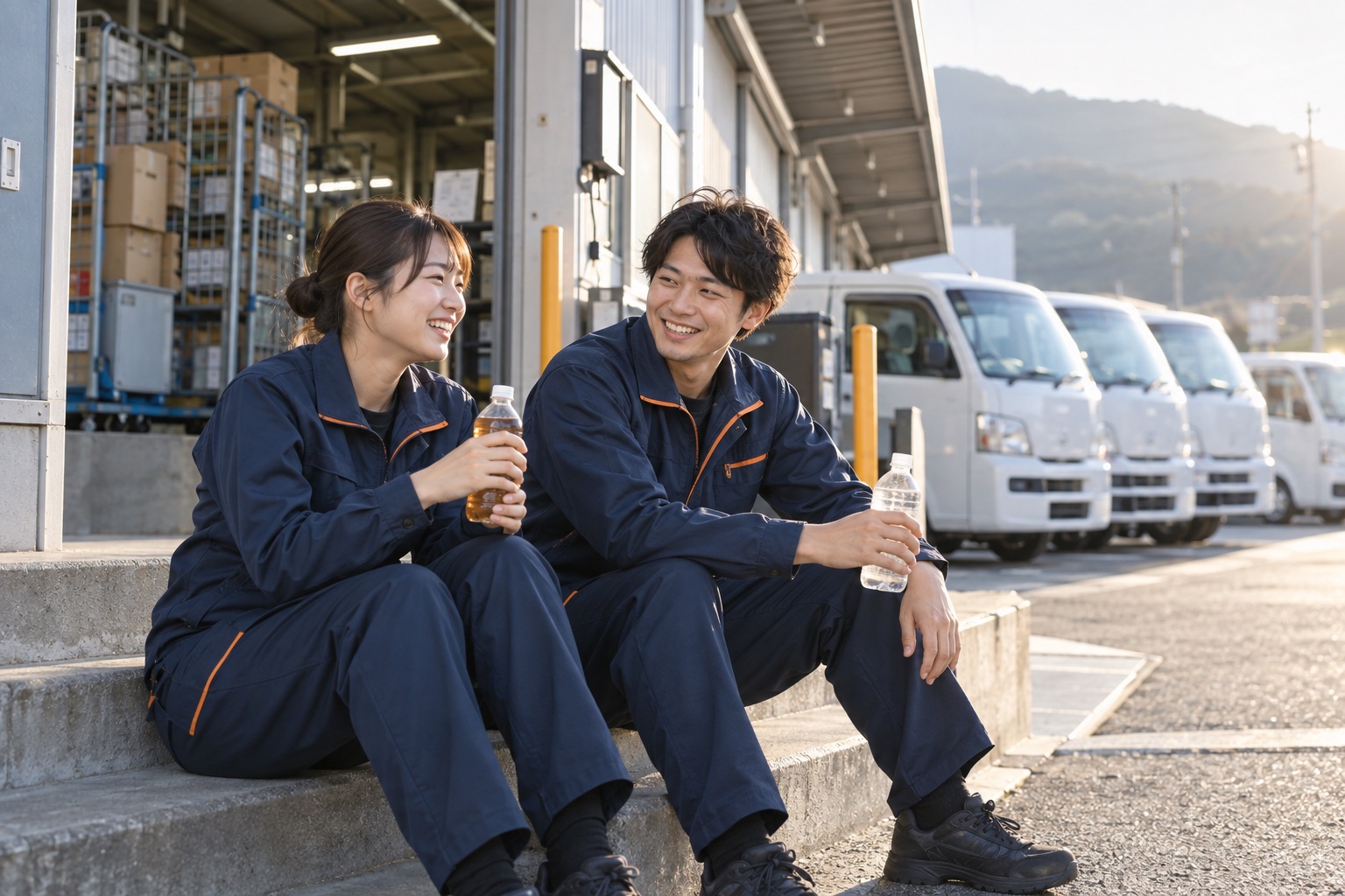 仕事の後に事業所の外で同僚と話すイメージ