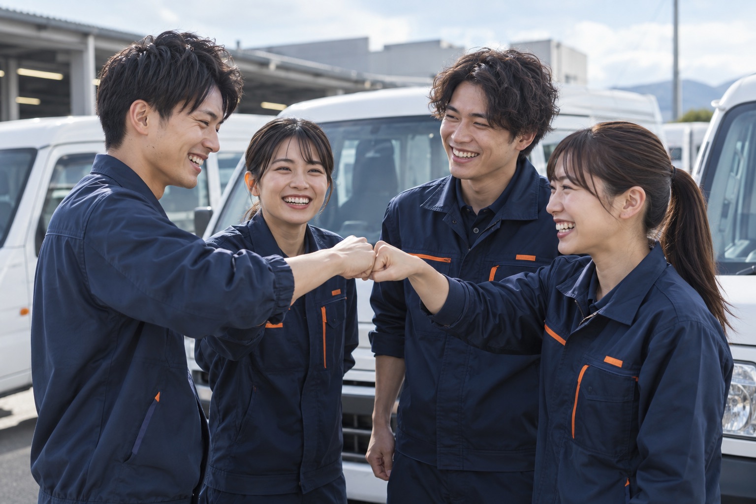 配送車のそばで拳を合わせる若い仲間たちのイメージ