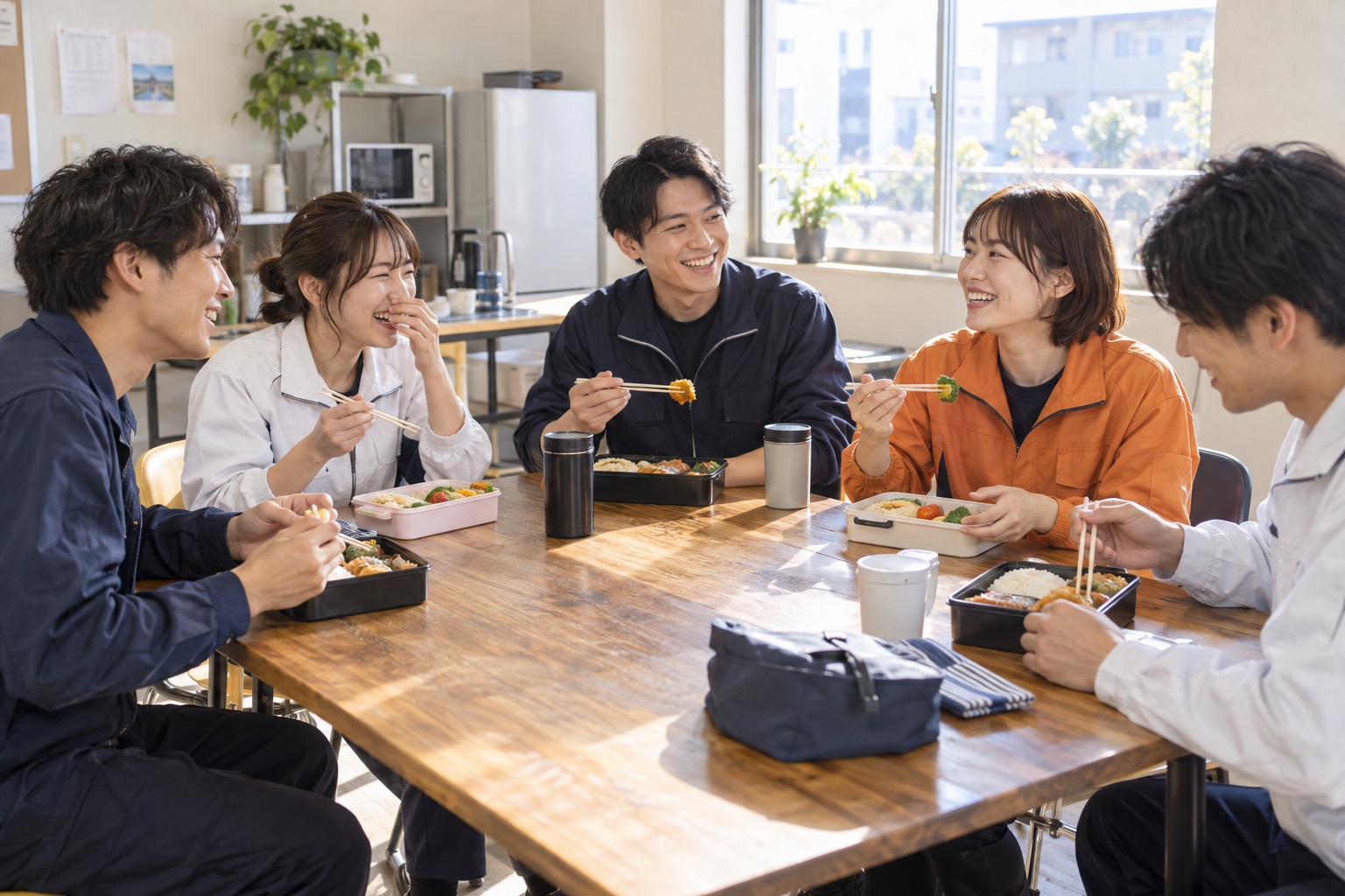 明るい休憩室で仲間とお弁当を囲むランチタイムのイメージ