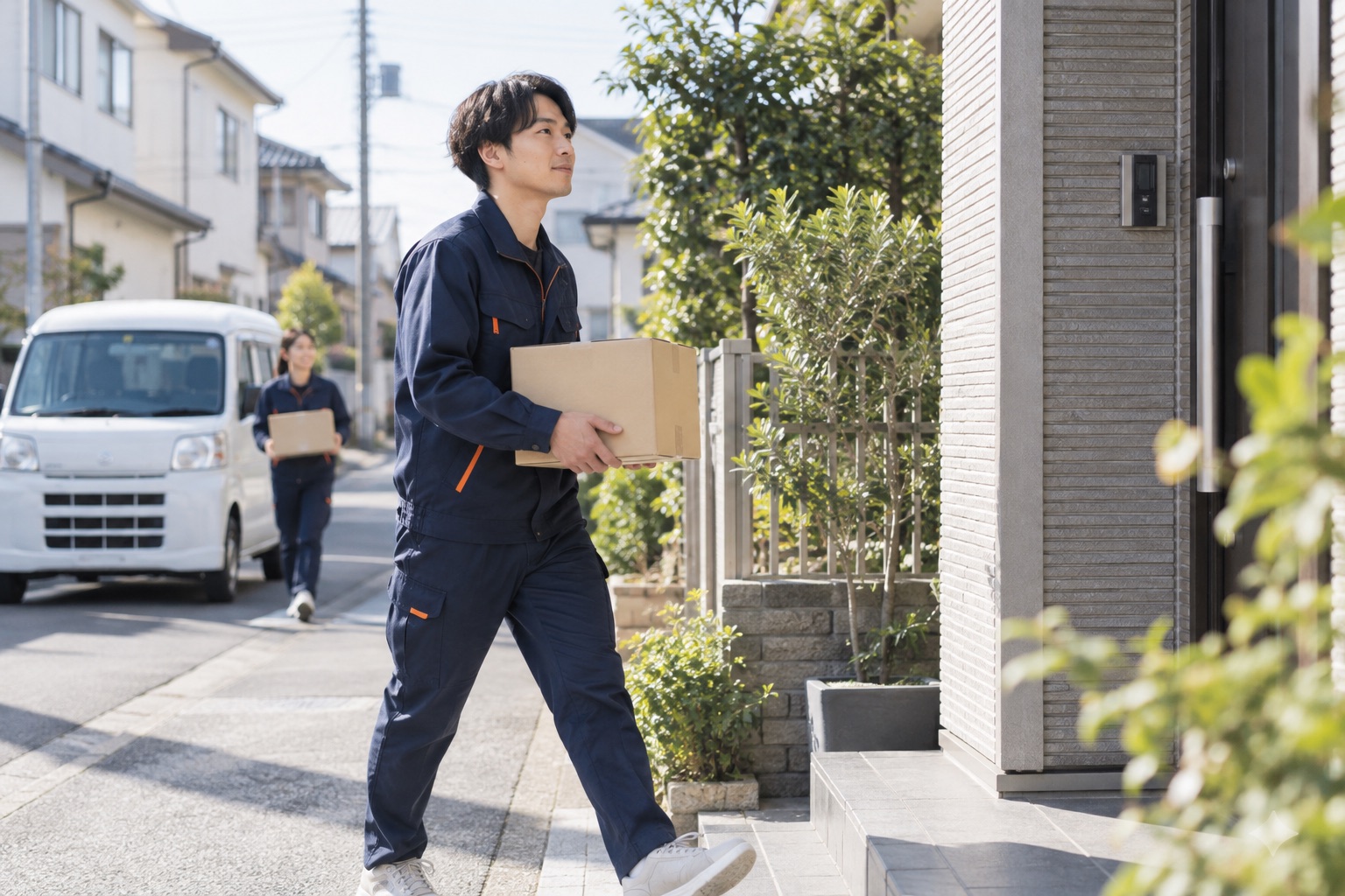 住宅街で荷物を届けるドライバーのイメージ