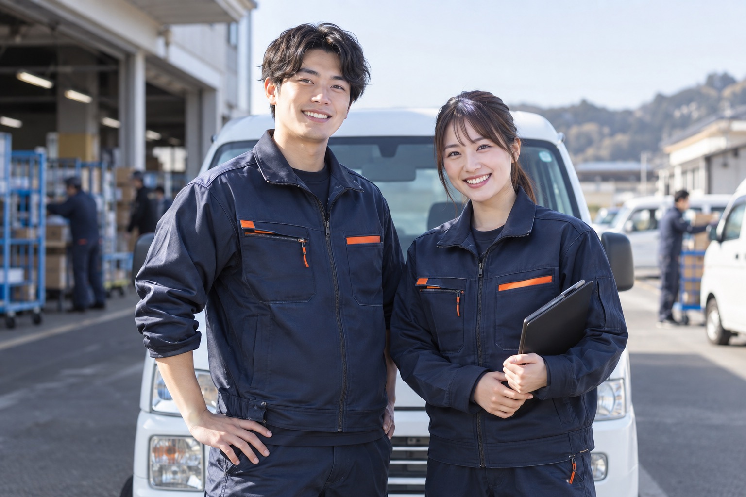 配送車の前に立つ若いドライバー二人のイメージ