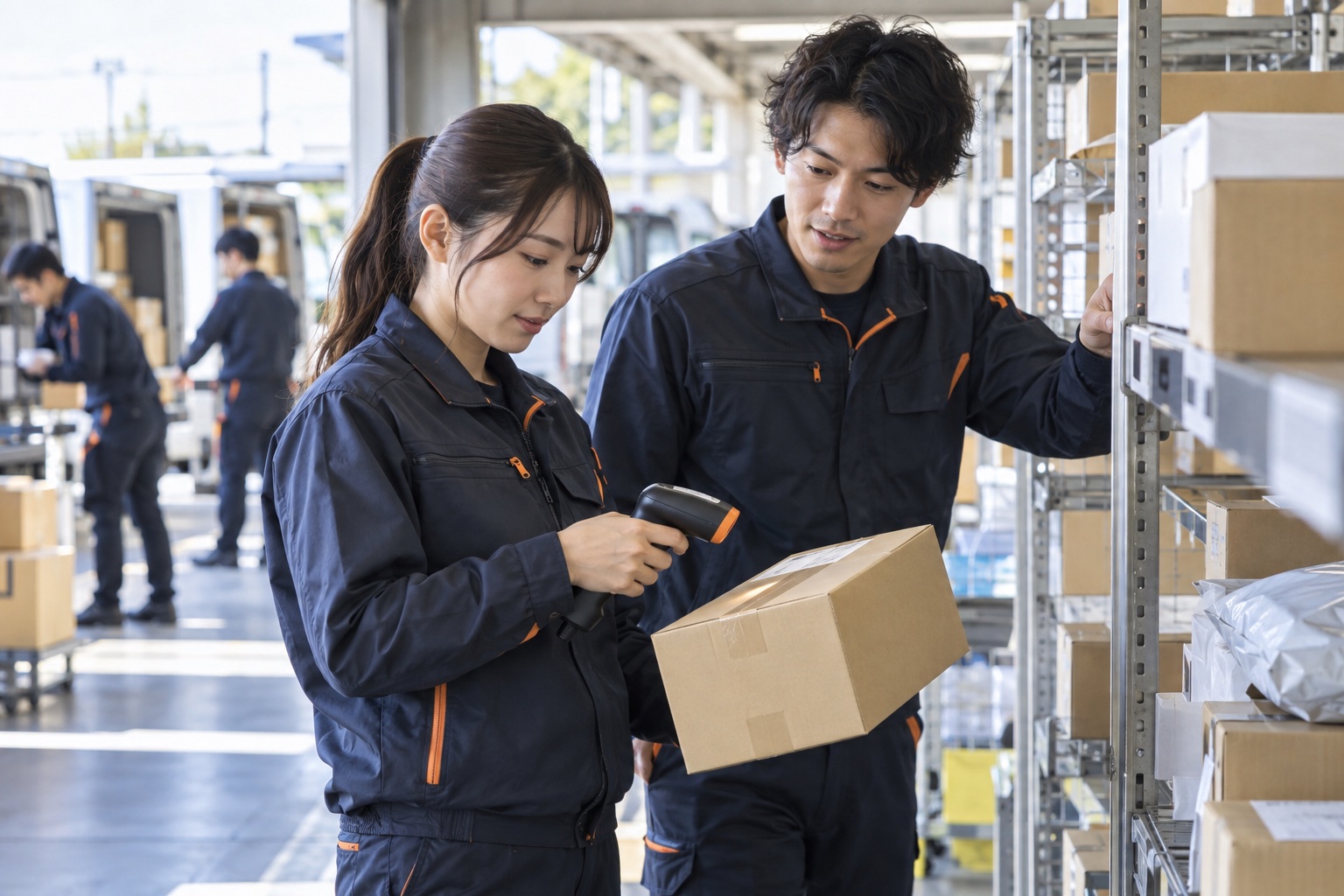 先輩から荷物のスキャン方法を学ぶドライバーのイメージ